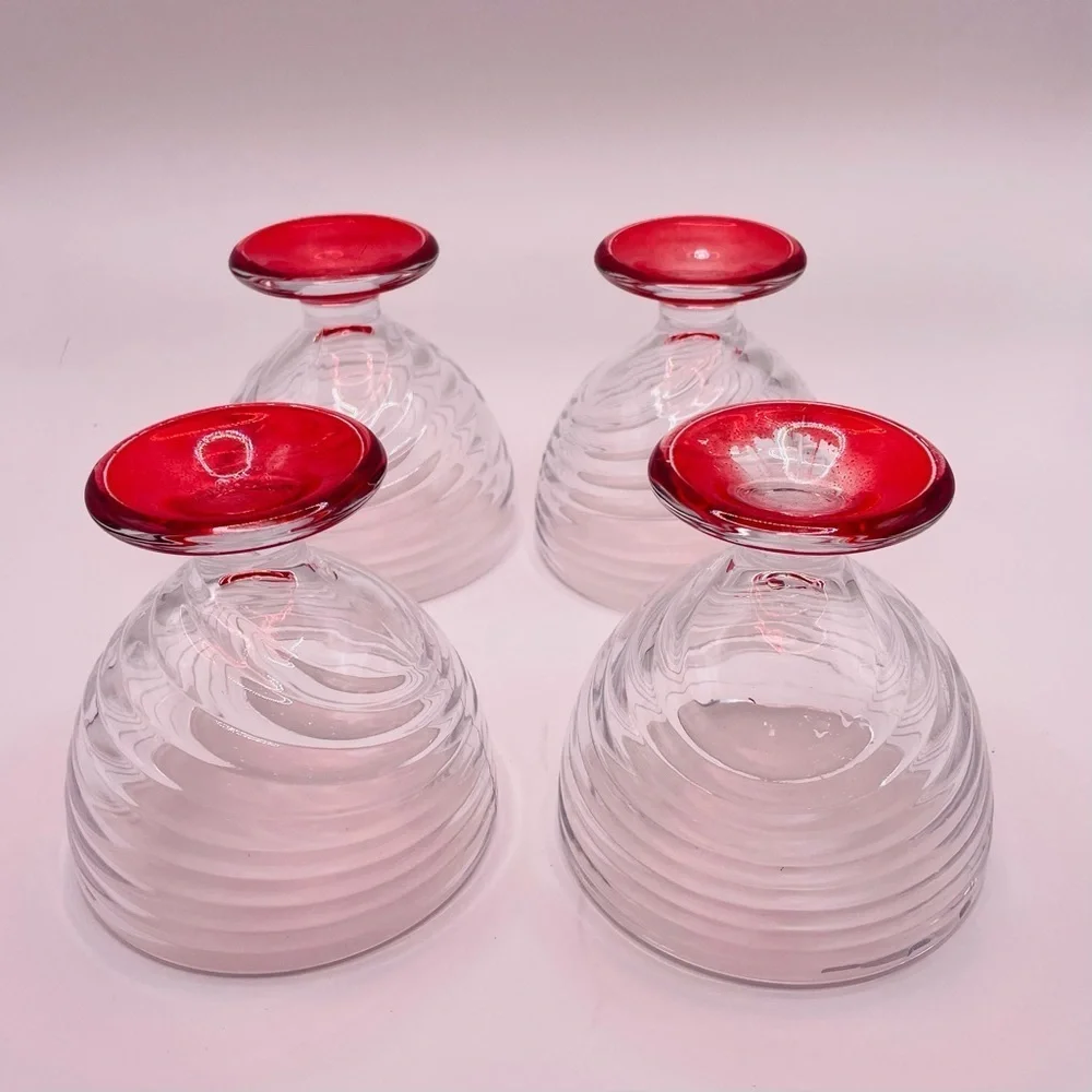 4 Vintage - ARC Swirl MCM / Ribbed Pedestal Dessert Glass Dish Flashed Red Base